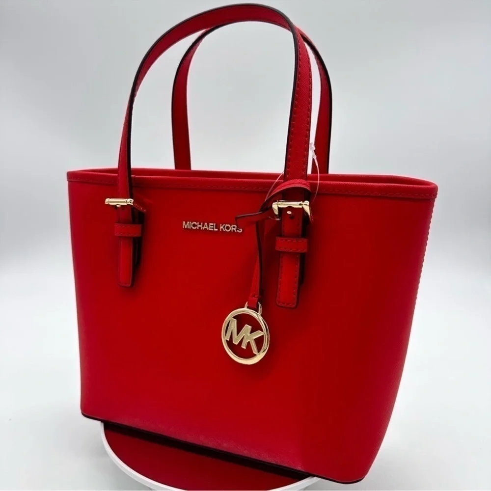 Michael Kors Jet Set Travel Extra-Small Top Zip Tote Bag Red/Gold - Picture 3 of 10
